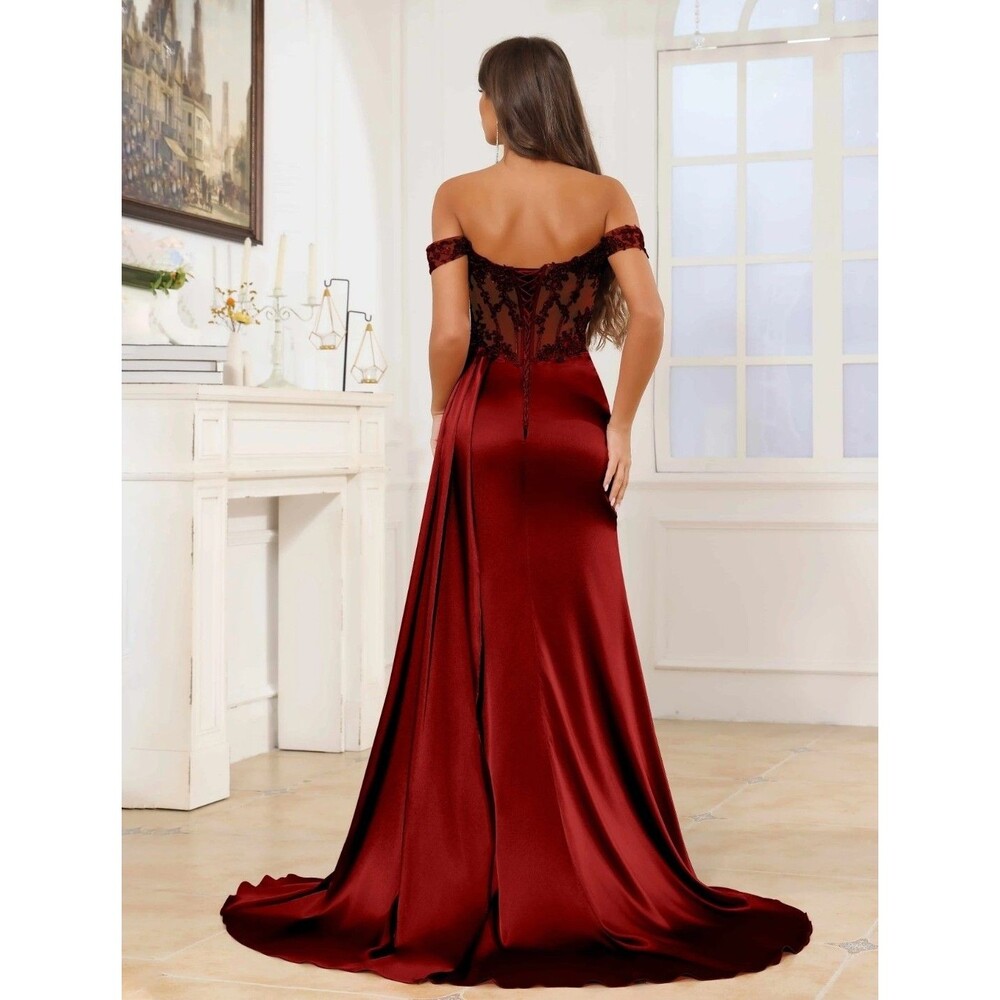 New Prom (18W) Burgundy Lace/Satin Sequin Off Shoulder Rouched High Slit Dress - Picture 14 of 14
